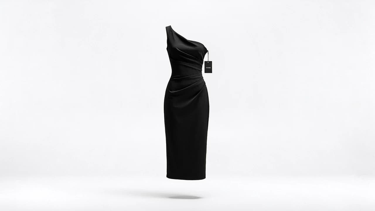 Black one-shoulder ANIRI dress with a hang tag, floating against a light backdrop
