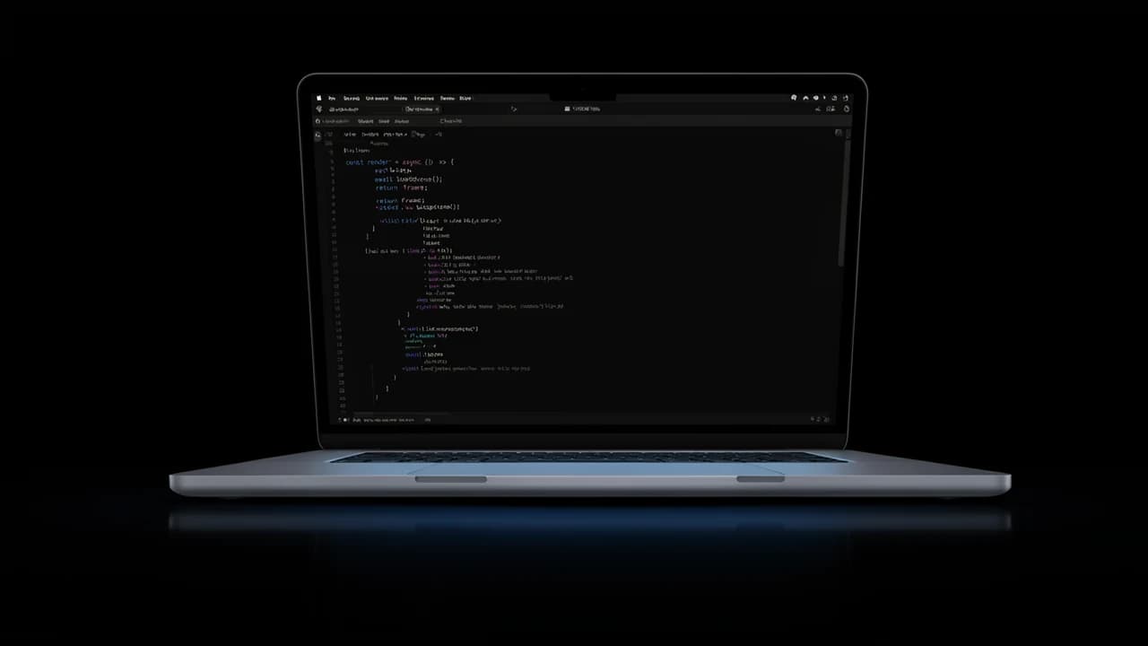 Open laptop on black with a code editor on the screen and a blue glow on the keyboard