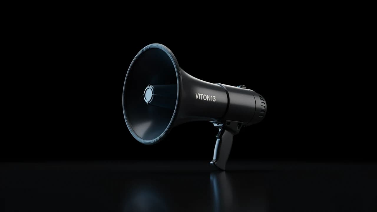 Matte black megaphone with the VITON13 wordmark and a blue light inside the horn