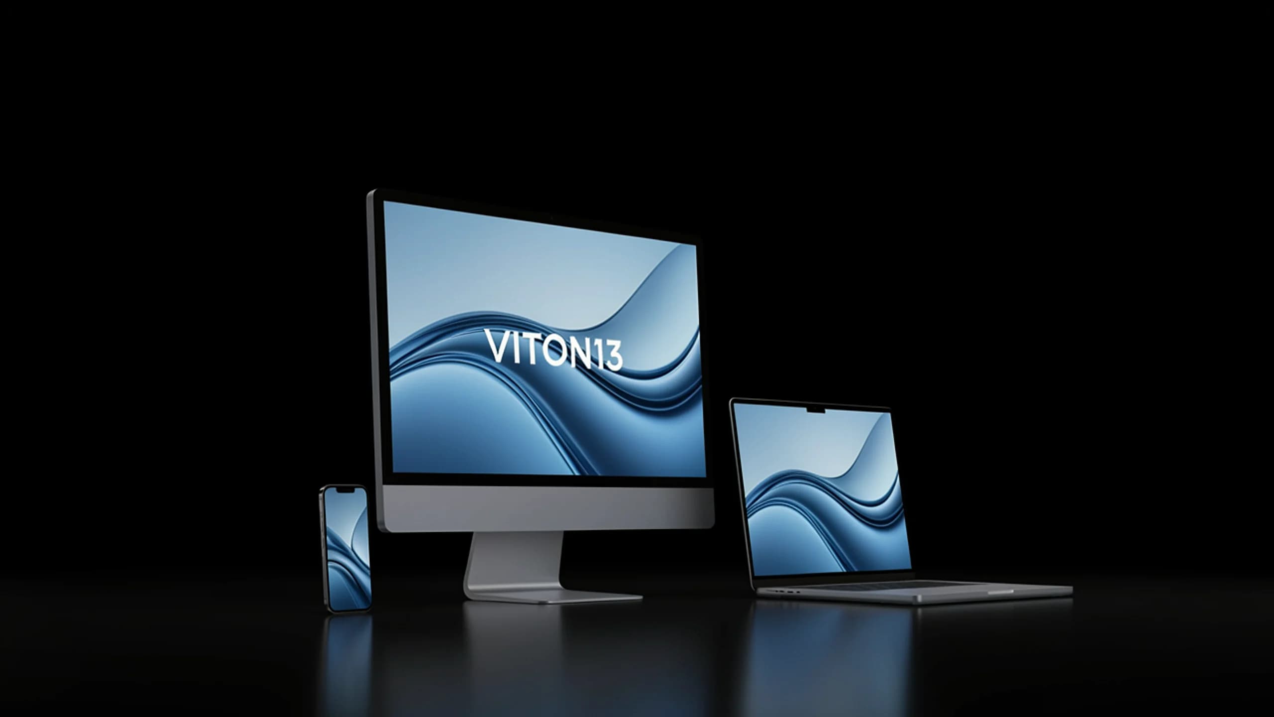 A studio display, a laptop and a phone on black, the VITON13 wordmark over a blue wave on the screen