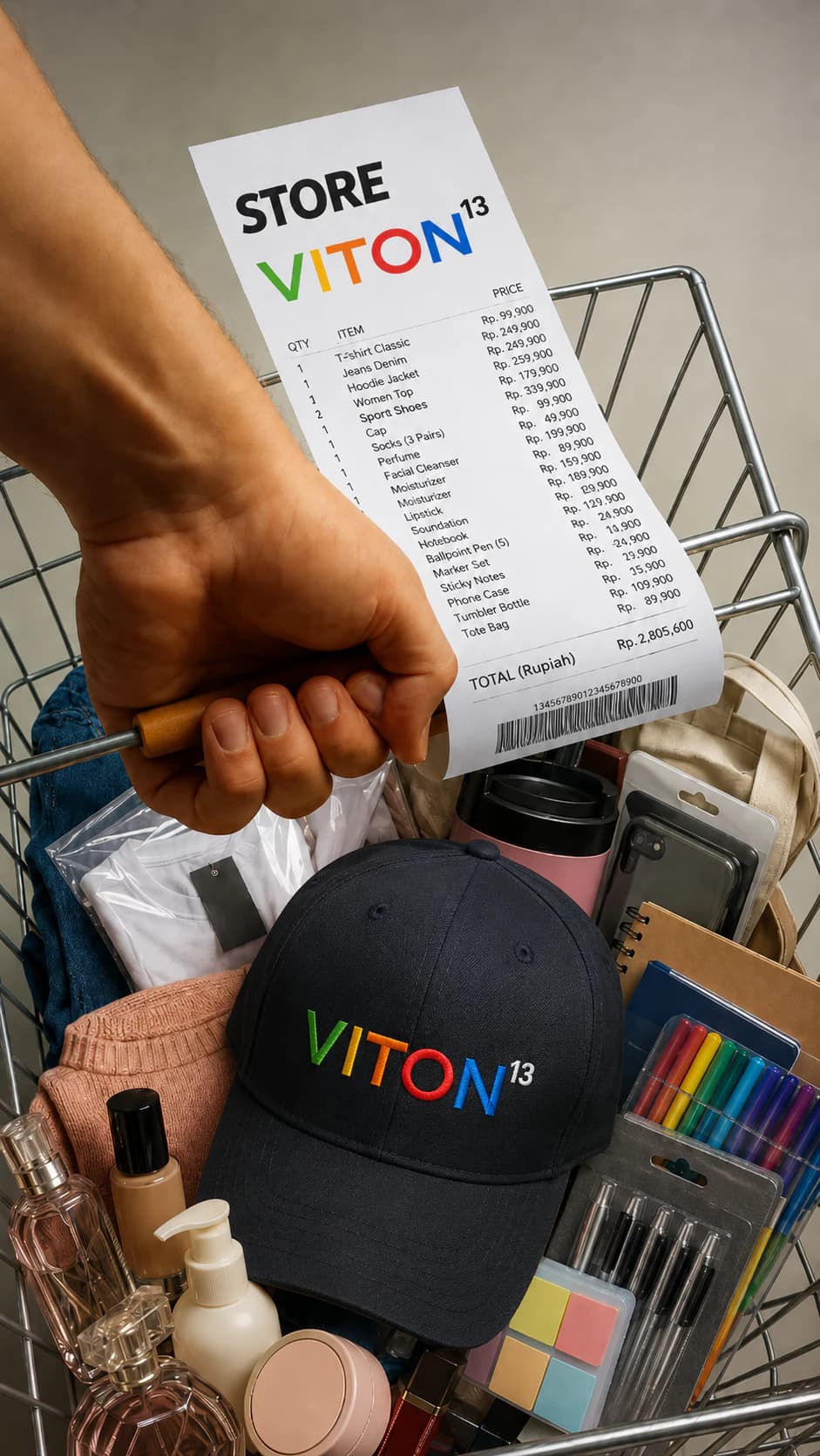 Hand holding a store receipt over a cart of clothing, cosmetics and stationery